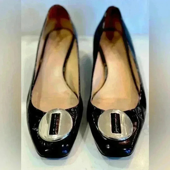 Prada Logo Black Patent Square Toe Low Block Heels Pumps Size 40 - Picture 1 of 12